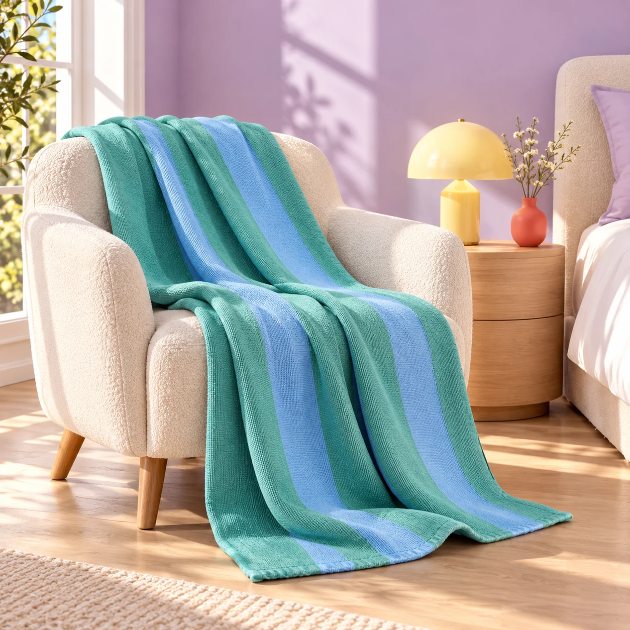 A cheerful reading corner styled with the Poolside cotton throw