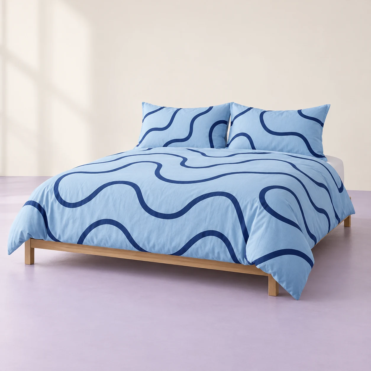 Sky Scribble Duvet Set — Sky blue with navy curved lines